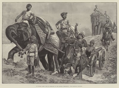 Un campamento de ejercicios del ejército indio en la Presidencia de Madrás, la batería de elefantes de Richard Caton Woodville junior